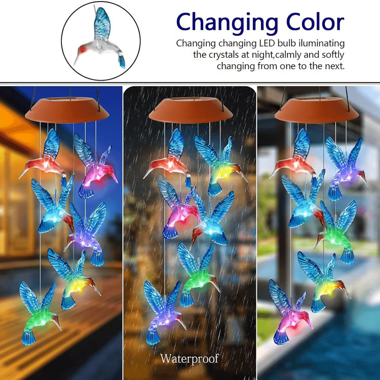Waterproof Hummingbird Solar Wind Chime Light – Color Changing Outdoor Lantern