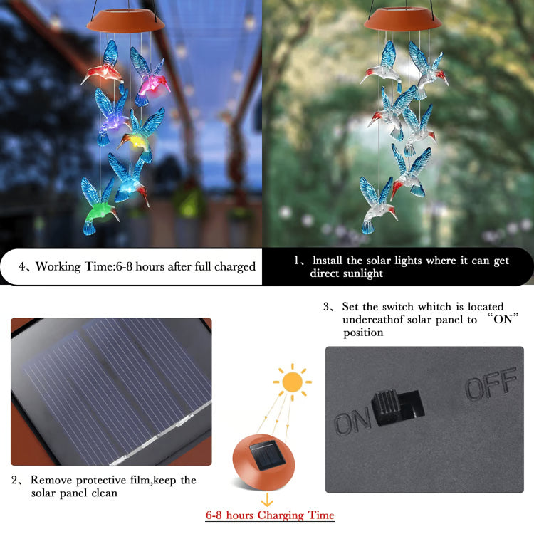 Waterproof Hummingbird Solar Wind Chime Light – Color Changing Outdoor Lantern