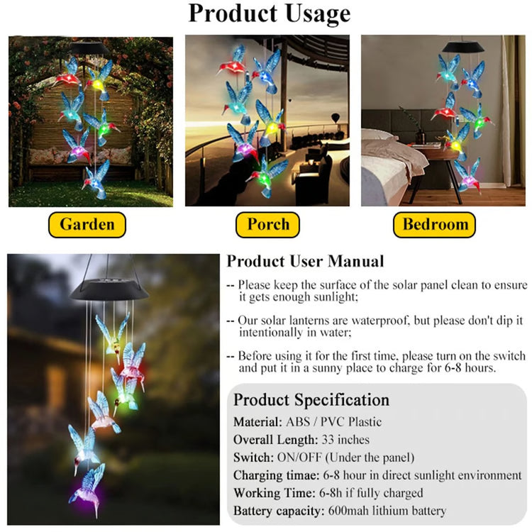 Waterproof Hummingbird Solar Wind Chime Light – Color Changing Outdoor Lantern