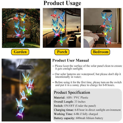 Waterproof Hummingbird Solar Wind Chime Light – Color Changing Outdoor Lantern