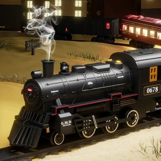 Electric Railway Train Set – Steam Locomotive with Smoke, Light & Sound
