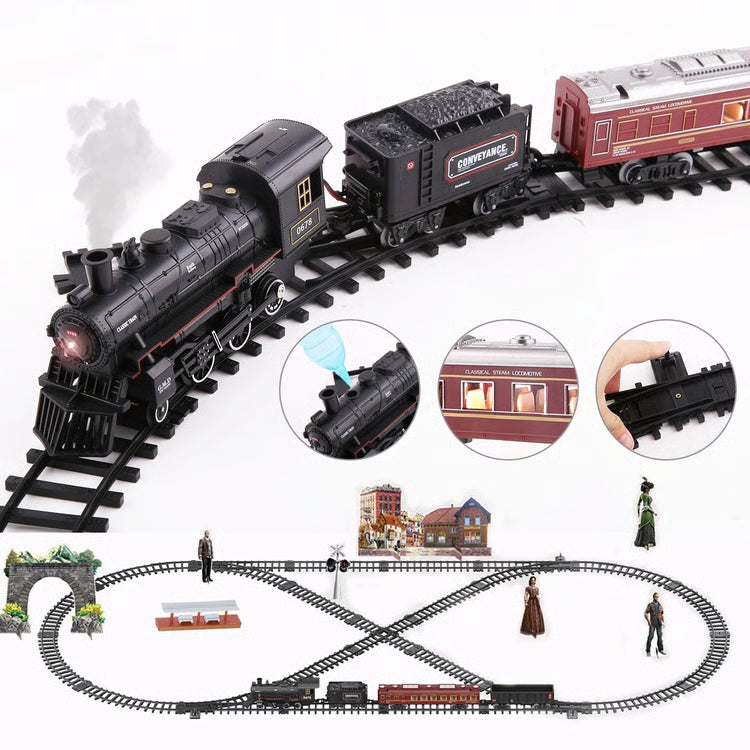 Electric Railway Train Set – Steam Locomotive with Smoke, Light & Sound